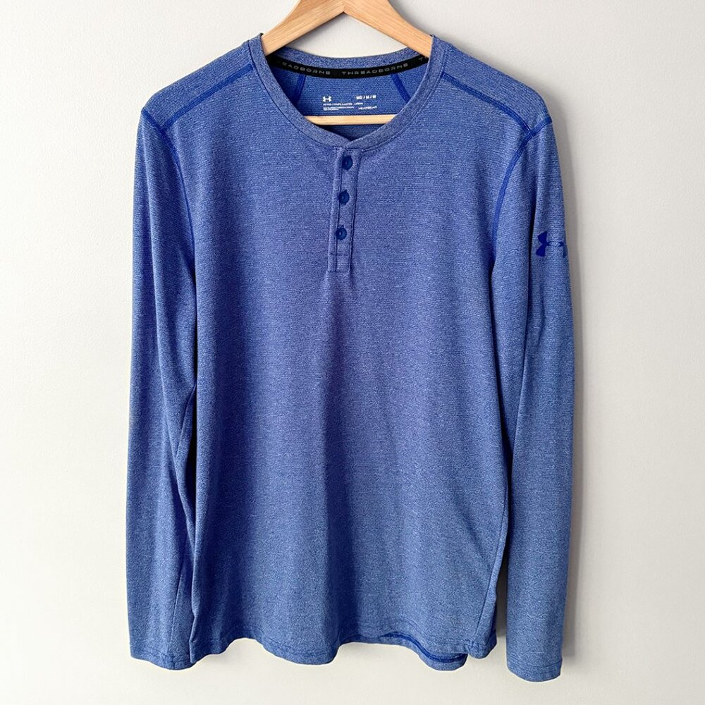 UA Men's Under Armour Henley Blue Long Sleeve Shirt Heatgear